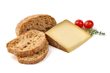 Rustic cheese wedge, isolated on white background.