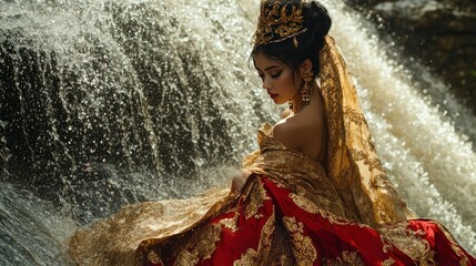 Traditional Thai Woman in Elegant Red and Gold Dress by Waterfall