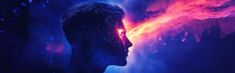 Glowing silhouette of a man representing creativity and inspiration in a vibrant cosmic background