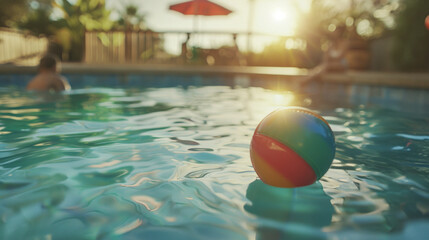 Closeup of a colorful ball floating in an idyllic swimming pool with defocused family cookout in background pool toy family vacation weekend pool party rainbow soccer ball	