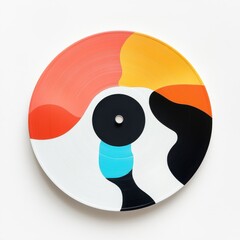 Colorful vinyl record with a vibrant label showcasing abstract design and bold colors on a white background