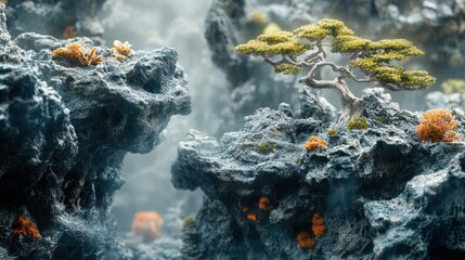 Isolated Close-Up of a Unique Garden Scene with Rocks and Tree