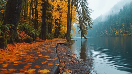 Serene Hiking Trail Beside a Peaceful Lake in Autumn Colors