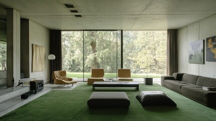 Fototapeta premium Modern living room with green carpet and nature view.