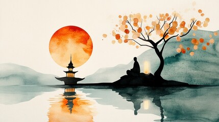 Tranquil Sunset Over Water with Cherry Blossom and Pagoda