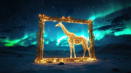 Isolated Gold Decorated Frame with Intricate Giraffe Amidst Aurora