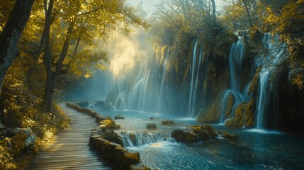 Early Morning Light Streaming Through Trees Beside a Serene River