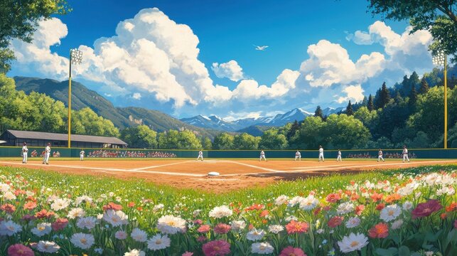 Baseball team warms up on a diamond surrounded by flowers and mountains in a picturesque setting - Powered by Adobe
