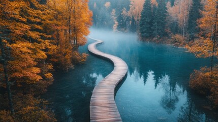 Scenic Wide Angle Shot of a Serene Boardwalk in Autumn Landscape