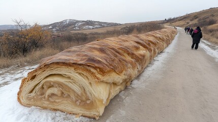 Long Pastry Roll on Scenic Pathway in Snowy Landscape