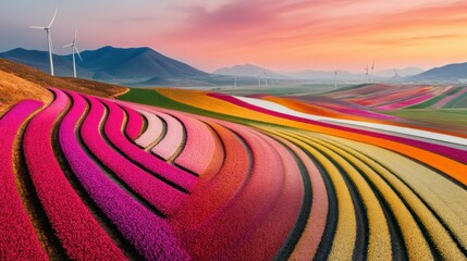Colorful Aerial View of Tulip Fields with Windmills at Sunset