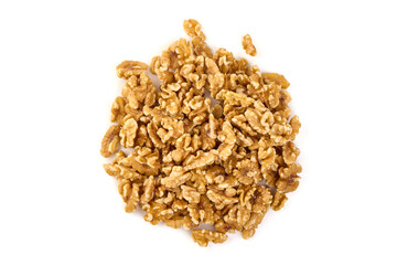 Shelled walnuts isolated on white background.
