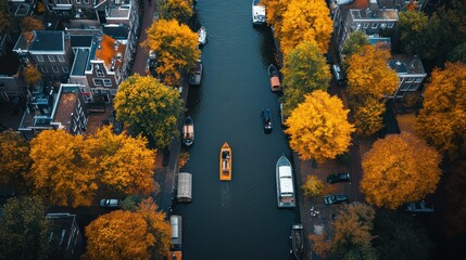 Aerial View of Amsterdam Cityscape with Autumn Colors and Canals