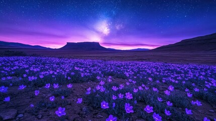Enchanting Night Sky Over a Field of Purple Flowers
