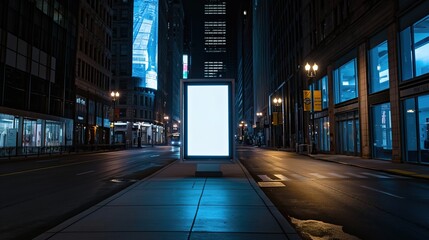 Fototapeta premium Urban Nightscene with Empty Billboard and Bus Stop, Depicting Modern City Silence and Opportunity