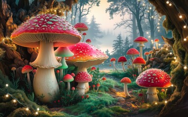 mushroom decor, Enchanting fairytale forest with glowing toadstools.