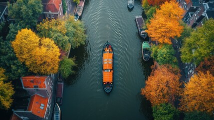 Aerial View of Autumn Cityscape in Amsterdam with Narrow Channels