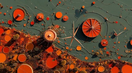 Aerial View of Colorful Tulip Fields and Windmills from Drone