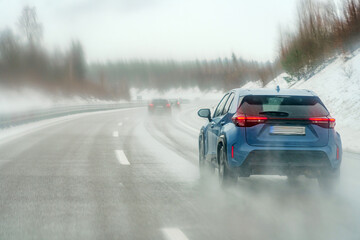 Cars move along the highway in winter during snow and rain. Water splashes from the wheels.