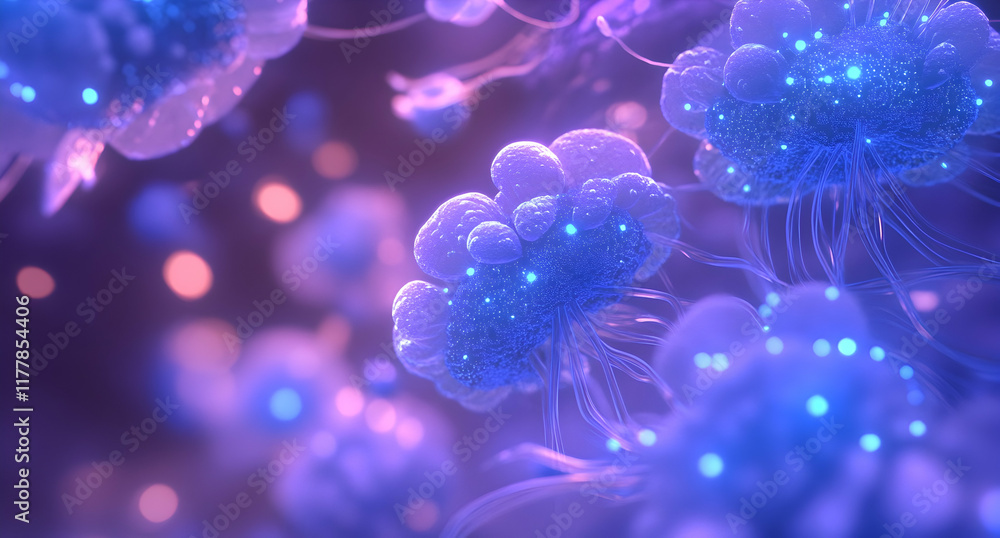 Poster close-up of glowing blue cells in a laboratory, showcasing the intricate patterns and structures wit