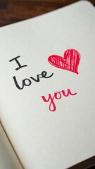 A handwritten inscription, the text "I love you" on a white sheet of paper, in a notebook or diary. A painted heart. A declaration of love. Romantic card for Valentine's Day, Mother's Day.