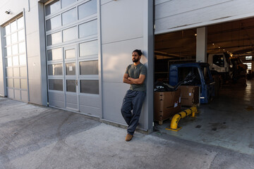 Confident male technician near entrance of industry