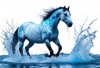 A horse made of water runs through splashing waves with glowing blue patterns on its body.