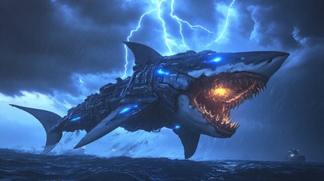 A robotic shark emerges from stormy ocean waves, glowing eyes and open mouth.