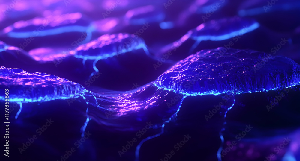 Poster close-up of glowing blue cells in a laboratory, showcasing the intricate patterns and structures wit
