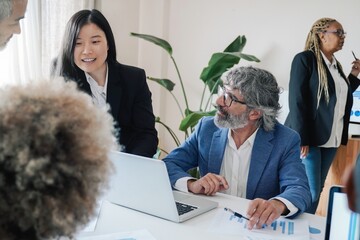 Business meeting, group of people work for financial project inside office. Team conference and...