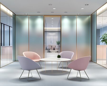 Contemporary office space with metallic accents warm white lighting and soft pastel color tones for a calming environment