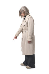 front view of an adult woman standing  and looking  and pointing down on white background