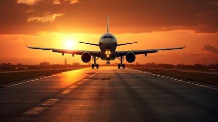 Naklejka premium Airplane Landing Or Taking Off With A Beautiful Sunset Sky In The Background