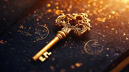 Antique ornate golden key rests on a dark, textured surface.  A captivating image evoking mystery...