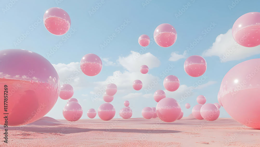 Poster 3d rendering of pink spheres floating in the air.