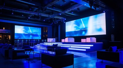 Elaborate stage design corporate event featuring dynamic lighting large projection screens and bold minimalist decor