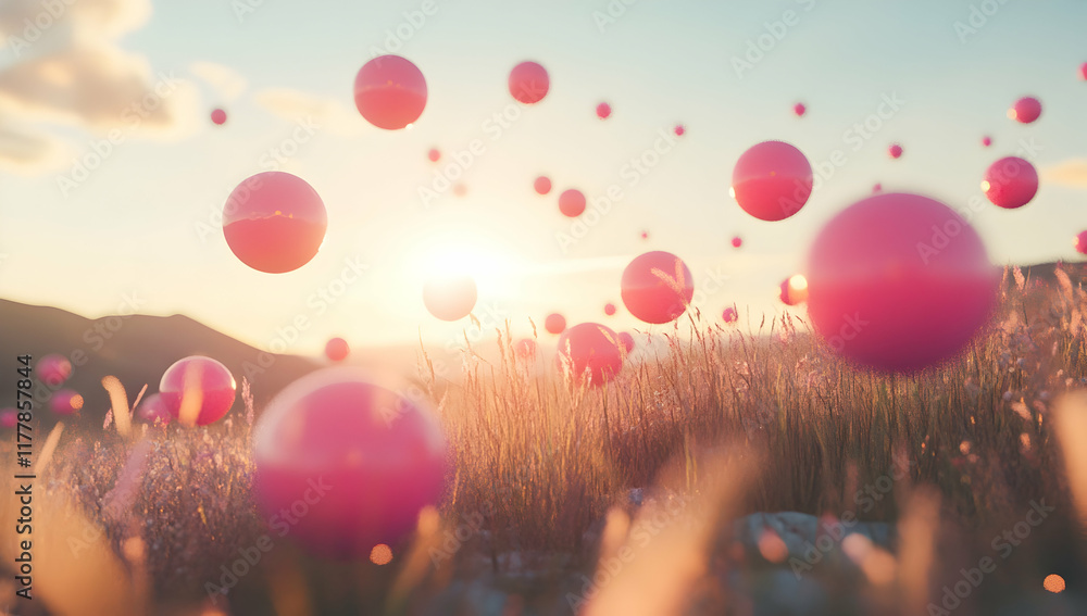 Poster 3d rendering of pink spheres floating in the air.