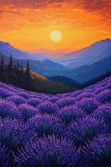 Tranquil sunset above vibrant fields with a mountainous background, showcasing detailed floral elements in an oil painting technique