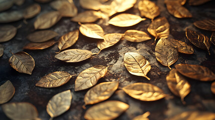 Bronze-colored metal leaves scattered, the intricate details enhanced by soft natural lighting.