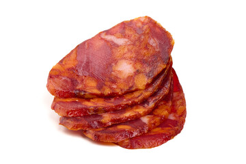 Sliced chorizo sausage, isolated on white background.