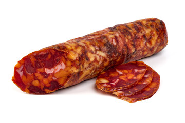 Sliced chorizo sausage, isolated on white background.
