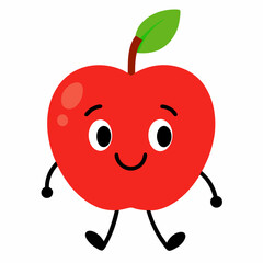 carton cute red apple walking on white background