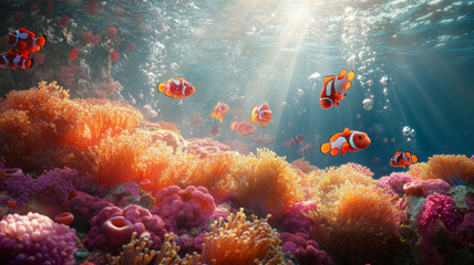 Fototapeta premium A vibrant coral reef teeming with life, with clownfish scurrying between the anemones. Underwater world