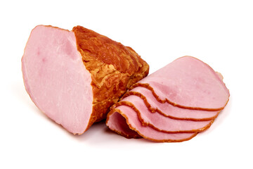 Smoked loin slices, isolated on white background.