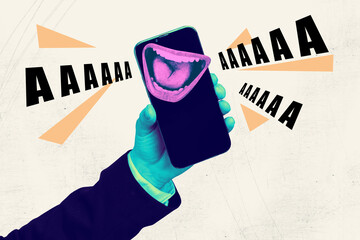 Composite creative trend collage of hand hold phone screaming mouth aaa cyberbully offended user...