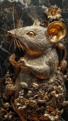 Fototapeta premium golden mouse design featuring detailed patterns and metallic textures against a dark marble background