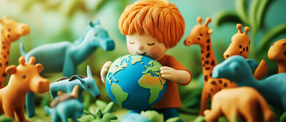 Kid holding planet surrounded by animals in the jungle - plasticine illustration. World Wildlife Day. Save the Planet Ecological theme. Earth day. World Animal Day. Eco poster. 
