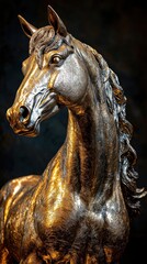Opulent metallic horse sculpture featuring detailed textures of muscles and fur set against a dark background