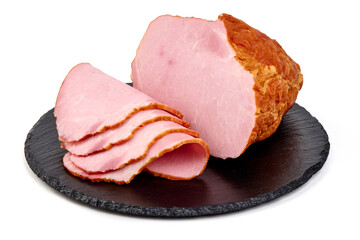 Smoked loin slices, isolated on white background.