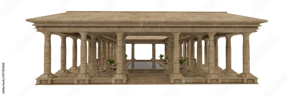 Poster Ancient Egyptian architecture with stone columns around a pool of water. Isolated 3D rendering.